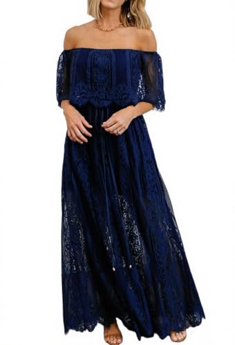 Image of Cercis Womens Off The Shoulder Floral Lace Maxi Wedding Dress Boho Flowy Wedding Guest Formal Long Dresses