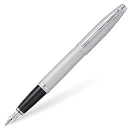 Image of Cross Calais Satin Chrome Refillable Fountain Pen - Medium Point, Black Ink, Smooth Writing, Presented in a Luxury Gift Box