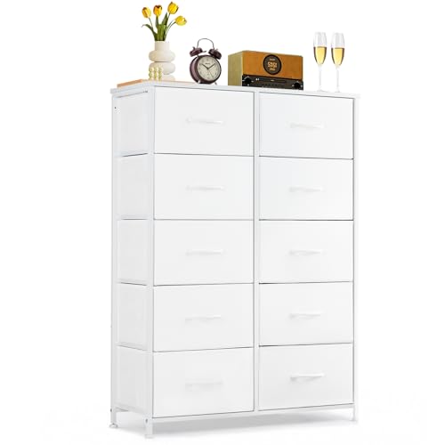 10-Drawer Dresser for Bedroom, Anti-Tip Tall Storage Organizer Chest of Drawers with Wooden Top and Metal Frame Fabric Bins for Closet, Living Room, Hallway, Entryway, White