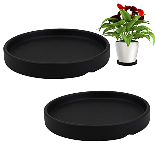 LNQ LUNIQI Round 4 Inch Ceramic Plant Saucer Drip Tray Set of 2 for Indoor Small Flower Pots Home Garden Outdoor Flower Plant Pot,Black Saucers