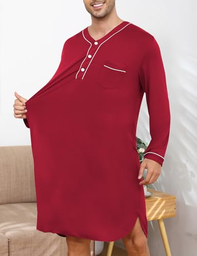 SWOMOG Men's Nightshirt Long Sleeve Nightgown Soft Loose Sleepwear Lightweight Nightwear Comfy Henley Sleep Shirt M-3XL2