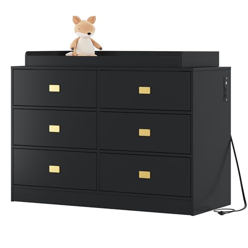 GarveeHome Dresser for Bedroom with 6 Drawers, Changing Table Dresser with Power Outlets, Soft Changing Pad & Removable Top, Baby Changing Table Top for Nursery - Black