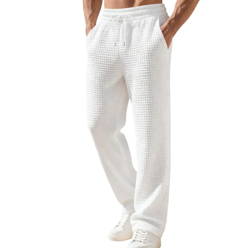 Pantalones deportivos de punto gofre con cintura elástica para hombre, holgados, elásticos, casuales, para descansar, pierna recta, pantalones deportivos ligeros para playa, yoga, pantalones de verano