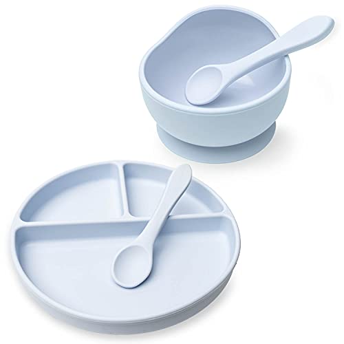 Image of Ullabelle Toddler Plates, Bowls, & 2 Spoons for Babies - Silicone Suction Non-Slip Baby Feeding Set Kids - BPA Free (Blue)