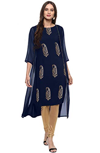 Image of Janasya Women's Poly Crepe Jacket Style A-line Kurta