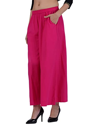 Image of fabcoast Loose Fit Palazzo Pants for Women A-Line Flared Wide Leg Summer Ethnic wear Pure Cotton Cambric with Full Elastic Waistband and 2 Side Pockets
