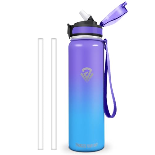 Vikastar Borraccia Termica, 1 Litro Senza BPA, Thermos per Bevande Calde, Senza Perdite, Bottiglia Termica, Acciaio Inox, Borraccia Termica con Cannuccia per Adulto, Palestra, Ciclismo, Blu Porpora