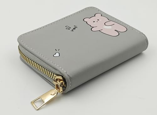 Image of Women Small Wallet Wallets for Girls Credit Card Holder Coin Purse Zipper Small Secure Card Case Cute Wallets Mini Wallets for Women (Grey Bear)