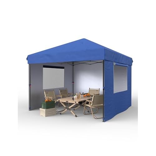 Garvee 10x10 Pop Up Canopy Tent Outdoor Canopy One-Person Set Up Heavy Duty Commercial Instant Tent Shelter, 3-Sidewall+Blue