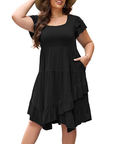 AZACHID Womens Plus Size Casual Dress Square Neck Summer Double