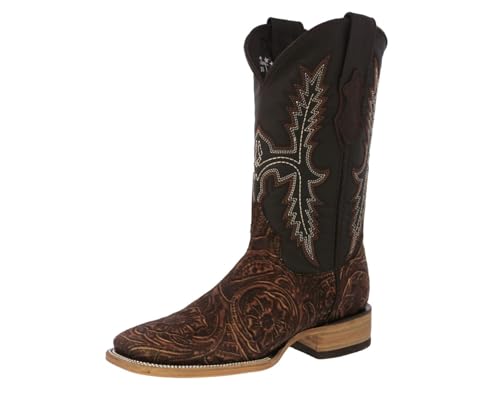 Texas Legacy Mens Cognac Cowboy Boots Hand Tooled Leather Floral Square Toe