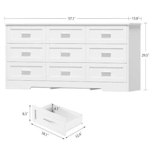 Image of TEENFON 57.1 inchW White Dresser for Bedroom, Modern 9 Drawer Dresser with Metal Handles, Wood Dressers & Chest of Drawers, Wooden Closet Clothes Storage Organizer for Bedroom, Living Room, Hallway, White