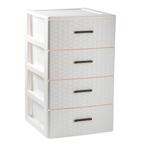 Tradineur - Cajonera de ordenación Rin Rattan de plástico - 4 cajones - Torre de almacenaje multiusos, organizador auxiliar, almacenamiento, baño - 61,5 x 36,5 x 36,5 cm - Color Blanco Roto
