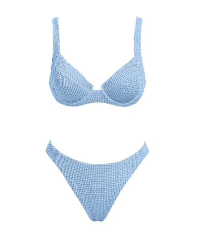 VOLAFA Women's Triangle Bikini Set Textured Push Up Underwire Solid Cheeky Two Piece Swimsuit Bathing Suit (Medium, Blue)