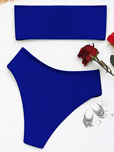 Image of ZAFUL Women's High Cut Bandeau Bikini Set Strapless Solid Color 2 Pieces Bathing Suit Swimsuit