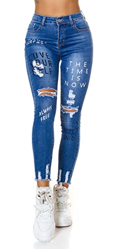 Miss RJ Jeans High Waist Damen Skinny Jeans Jeanshose Used Look mit Schriftzug Print (36, Blau) Miss RJ Jeans High Waist Damen Skinny Jeans Jeanshose Used Look mit Schriftzug Print (36, Blau)