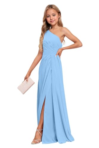Junior Bridesmaid Dresses One Shoulder Chiffon Flower Girl Dresses for Wedding Long Party Pageant Gowns Blue Size 9