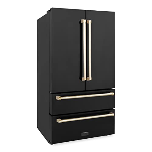 Z Line Kitchen And Bath Zline 36" Autograph Edition 22.5 Cu. Ft Freestanding French Door Refrigerator With Ice Maker In Fingerprint Resistant Black Stainless Steel With Gold Accents (Rfmz-36-Bs-G) #TOP1