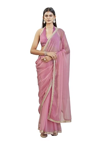 Womanista Women's Pink colored chiffon saree with embellished lac...