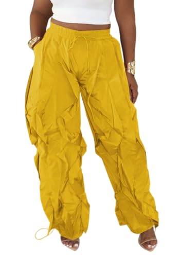 Image of Lucuna Women Balloon Pants Ruffle Fringe Drawstring High Waist Wide Leg Baggy Joggers Parachute Pants