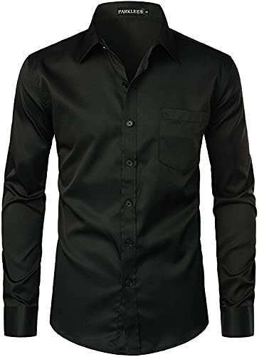 PARKLEES Chemise boutonnée élégante à coupe ajustée, manches longues et poche, style urbain, décontracté ou affaires, pour hommes, Noir , L