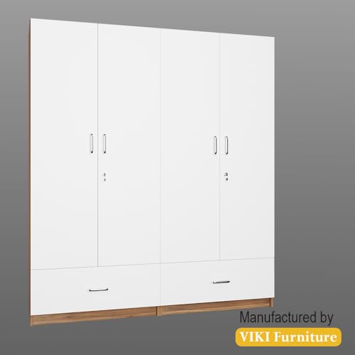 Image of VIKI Wardrobe |Wooden Almirah for 4 Door Wardrobe with 2 Split Drawer & Hanging Space (Walnut |White - 40D x 160W x 180.8H) | 1 Year Warranty | Free Assembly