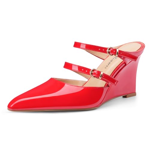 Oh Mispares Pointed Toe Heels Wedge Pumps for Women Slip-on 3 Inch Buckle Strap Patent Leather High Heels for Wedding Bridal Prom Dress Black