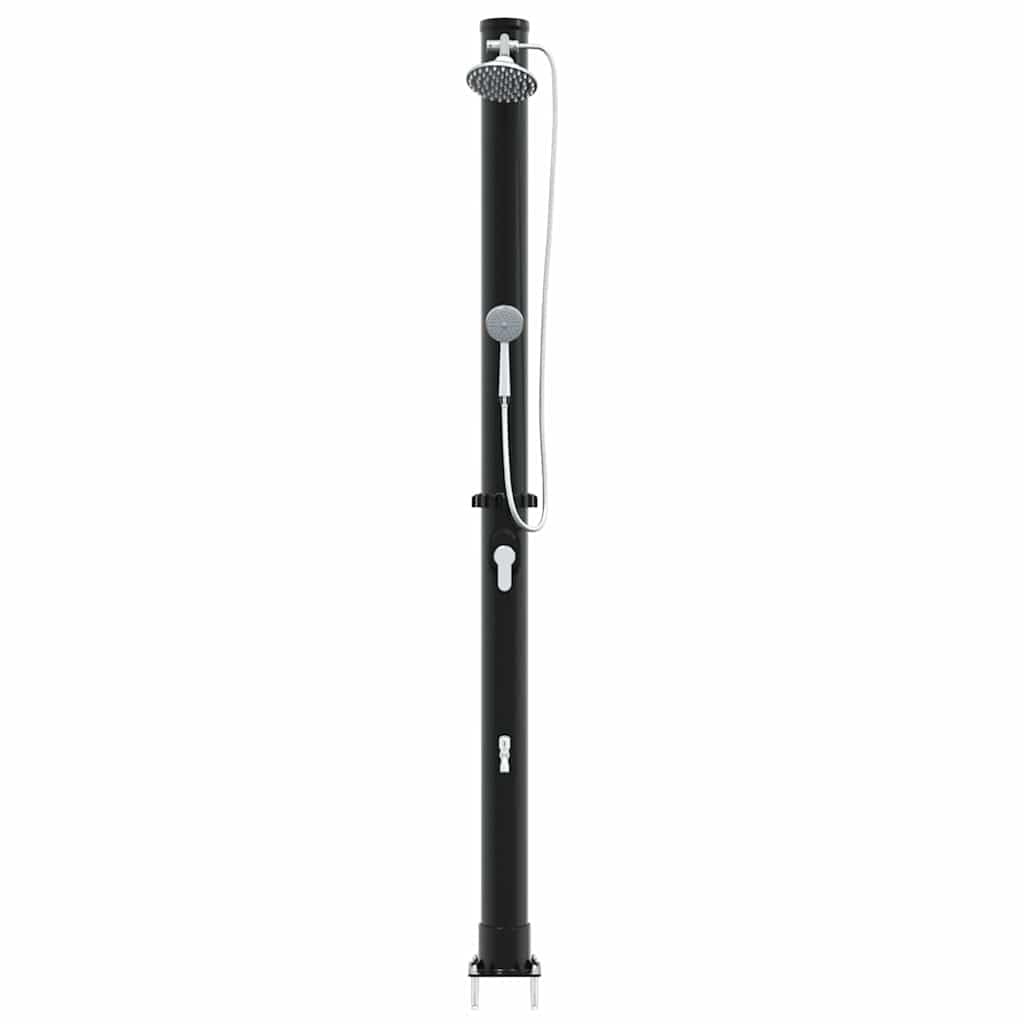 Zewnętrzny prysznic solarny, czarny, z PCW i aluminium, wysokość 217 cm, z ogrzewaniem solarnym i obrotową głowicą prysznicową, na taras, do ogrodu, basenu, jacuzzi, spa, akcesoria