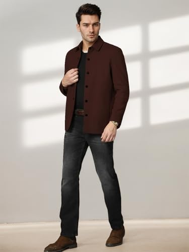 Image of CHKOKKO Men Tweed Modern Winter Coat Hip Length Single Breasted Overcoat With Spread Shirt Collar| Buttoned Cuffs And Front Side Pockets For Stylish Casual Or Formal Wear