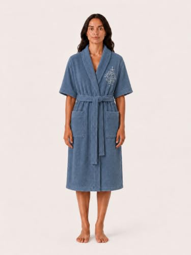 Image of RANGOLI Royal Bamboo Premium Bathrobe For Women | Ultra Soft Bamboo Yarn Lightweight Bathing Robes | 460 GSM Highly Absorbent & Quick Drying Luxurious Bath Gown | Knee Length Bath Robe-Blue