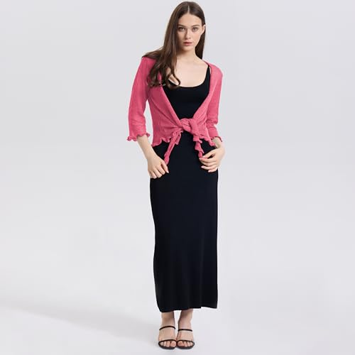 Image of Women's 3 /4 Sleeve Tie Open Front Sheer Mesh Lightweight Shrug Cardigan Knit for Dresses
