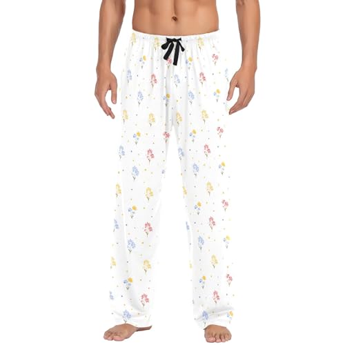 Mens Cotton Pajama Pants Sleep Lounge Pj Bottoms Sleepwear with Pockets Drawstring S Flower2