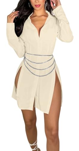 Image of Shirt Dress for Women Sexy Button Down Date Night Dresses Ruched Slit Stand Collar Long Sleeve Blouses