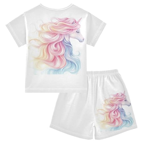 Rainbow Horse White Pajama Set Short Sleeve Summer Pajamas Sleepwear Nightwear Set Cotton 5Y2