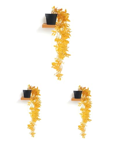 Image of PAPERI Artificial Hanging Plant for Home Decor - Balcony Decoration Items, Fake Plant, Plastic Vine Leaves with Pot, Long Green Leaf Vines for Living Room, Wall, Window (Yellow, Pack of 3)