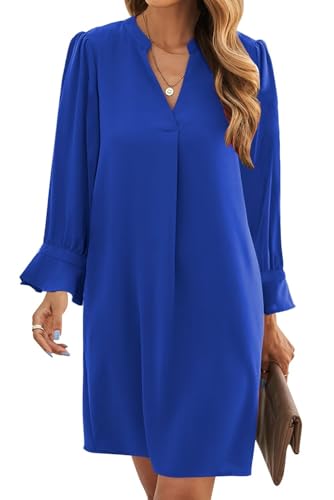 Image of Wkior Womens Fall Ruffle Long Sleeve V Neck Shift Dresses (S-XXL) | Casual Loose Design, Breathable Fabric, Fall Lightweight Clothes,Vacation Travel Outfit, Essential Fashion Dress