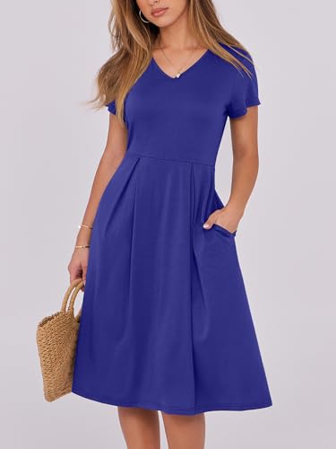 Image of ANRABESS Women Summer Dress Casual Short Sleeve V Neck A-Line Knee Length Pleated Flowy 2026 Fashion Midi Dresses with Pocket
