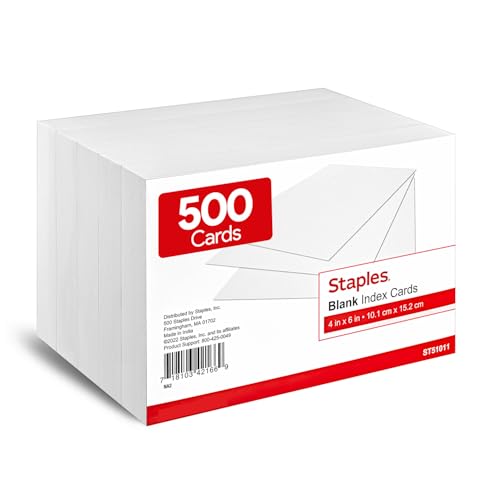 Cartes vierges blanches de 10,2 x 15,2 cm Staples pour fiches bristol de révision et mémo bureau