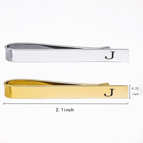 Image of GWD Stainless Steel Tie Clips for Men Personalized Initial Tie Bar Set | 2 Pcs Classic Letter Tie Clips for Men, Silver and 14K Gold Plated Tone