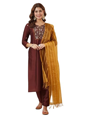 Image of MOKOSH Women's Silk Blend Kurta Pant with Dupatta | Kurta Set | Embroidery | Indian Kurta Outfit With Pant | Ethnic Kurta | 3 Piece Outfit