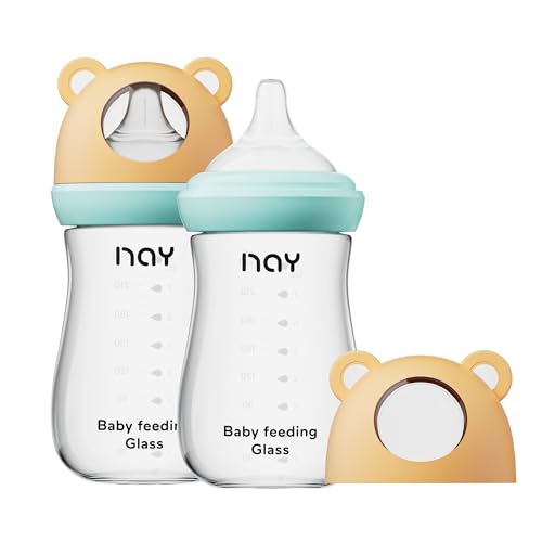 Image of yanyoyo Natural Glass Baby Bottle for Breastfeeding Babies, 8oz Anti-Colic Baby Bottle with Natural Response Nipple(M), Clear, Wide Neck, 2 Pack, 3 Months+