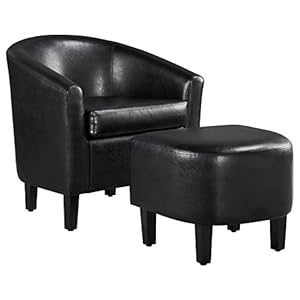 Yaheetech Accent Chair with Ottoman Set Modern Faux Leather Upholstered Soft Barrel Chair and Footrest Club Armchair and Footstool for Living RoomBedroomReading RoomGuest Room Black