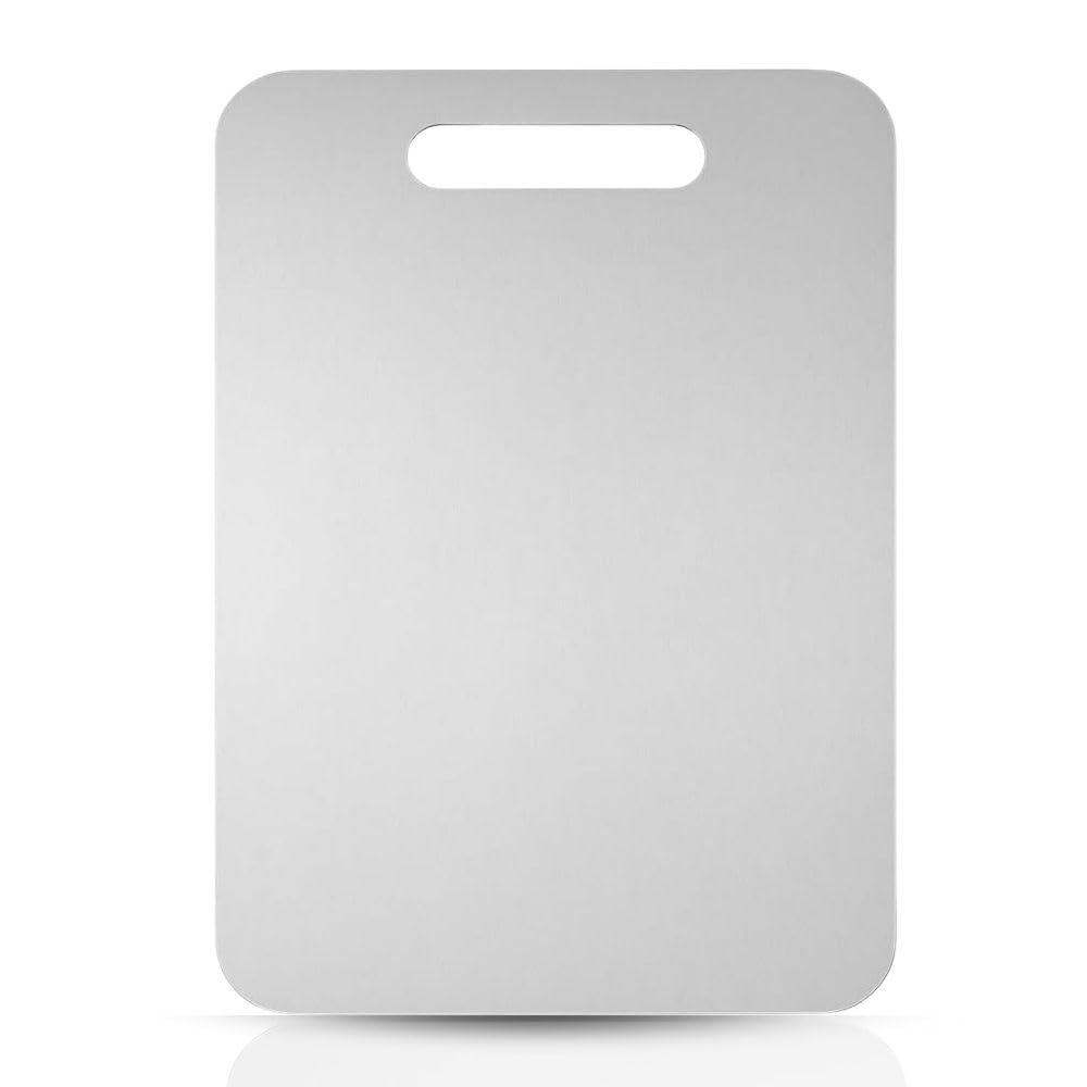 INOXLM Planche à découper en acier inoxydable alimentaire 39 x 28 cm adapté à Haccp, planche à découper de cuisine professionnelle double face et résistante, planche à découper en acier pour cuisine
