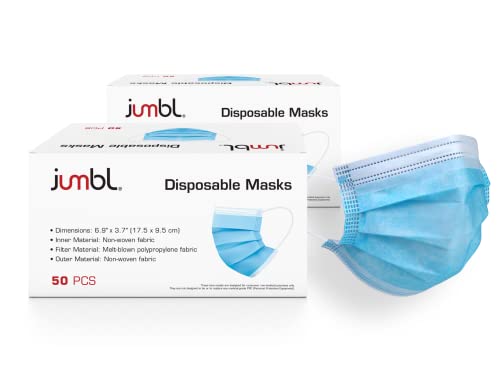 Jumbl Face Mask [100 Pack] Single Use Disposable Blue Face Mask, 3-Ply Masks with Elastic Earloops
