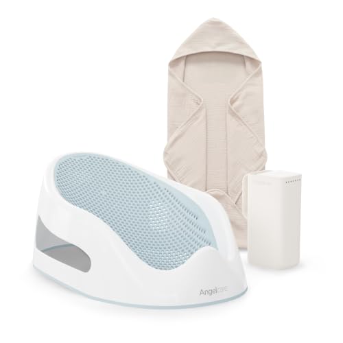 Image of Angelcare Baby Bath Support Bundle, Bath Rinser & Hooded Towel, Aqua | Soft-touch ergonomic bath support, gentle rinser, and hooded towel create a cozy newborn bath routine from birth to 6 months.