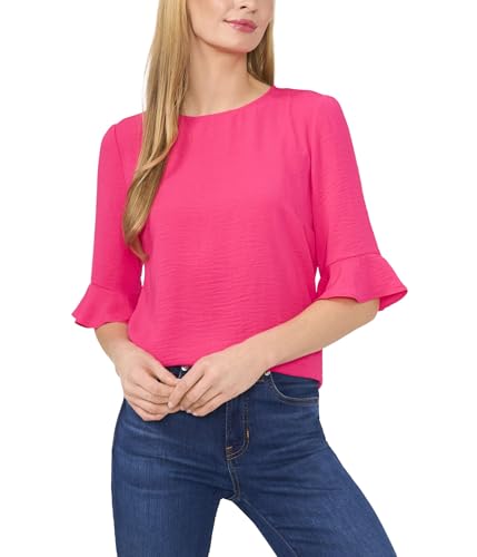 CeCe, Women's, Ruffle Cuff Crew Neck Blouse, Bright Rose, Small at