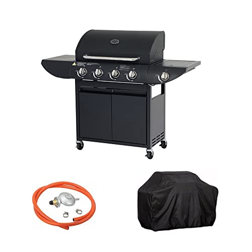 Lagerfeuer Gasgrill - 4+1 Brenner Gasgrill mit Warmhalterost, Seitenbrenner, Temperaturanzeige, Schrankablagerregal & Rollen - Tragbar - Stahl & Chrom - Für Unterhaltung und Wohnen im Freien - Schwarz