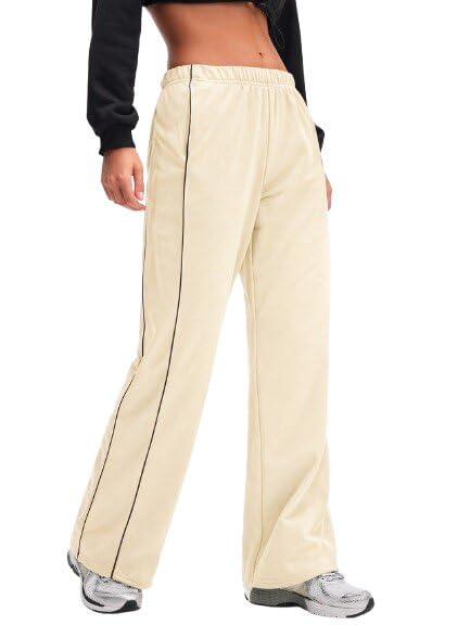 Women’s Side Stripe Track Pants High Waist Wide Leg Trousers for Women Casual Gym Workout Bottom Wear Soft Comfortable Loose Fit Lounge Pants Stylish Sportswear for Daily (in, Alpha, M, Cream)-image-34