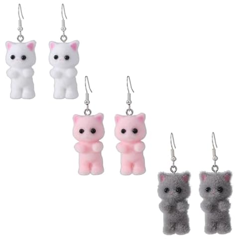 Fuzzy Cat Earrings Cute Kawaii Cat Dangle Drop Earrings for Women (Multi) Cover