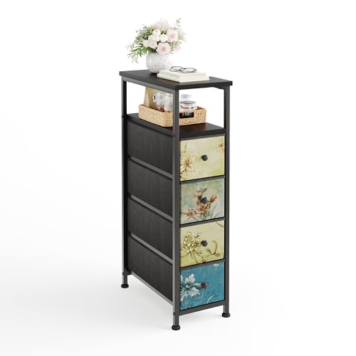 CAIYUN Armadio stretto con 4 cassetti e ripiano aperto, in tessuto sottile comodino per piccoli spazi, comodino retrò bohemien, per soggiorno, camera da letto (nero)